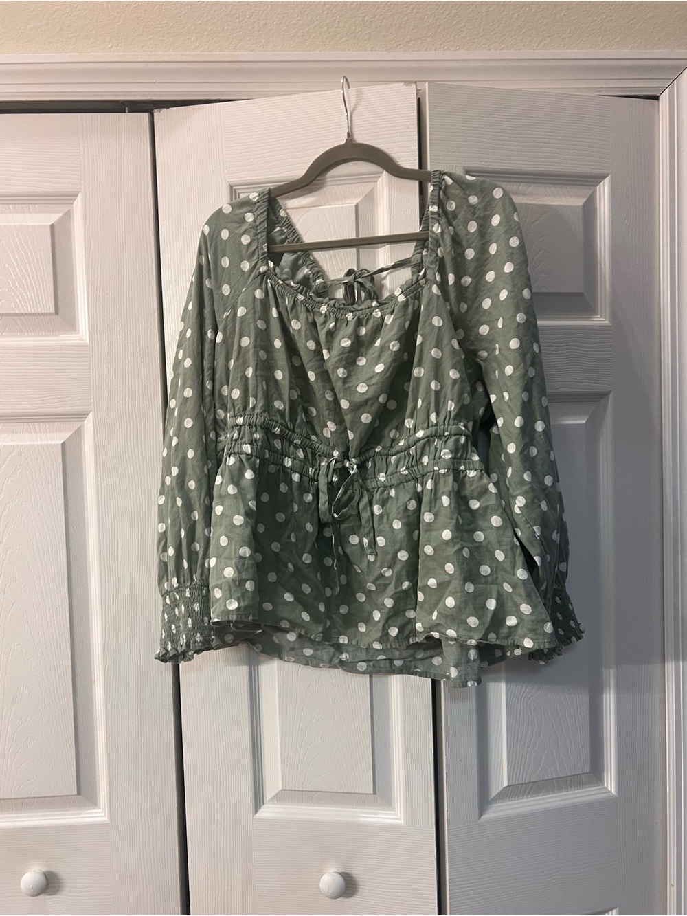 Polka Dot Peasant Blouse - Sage Green